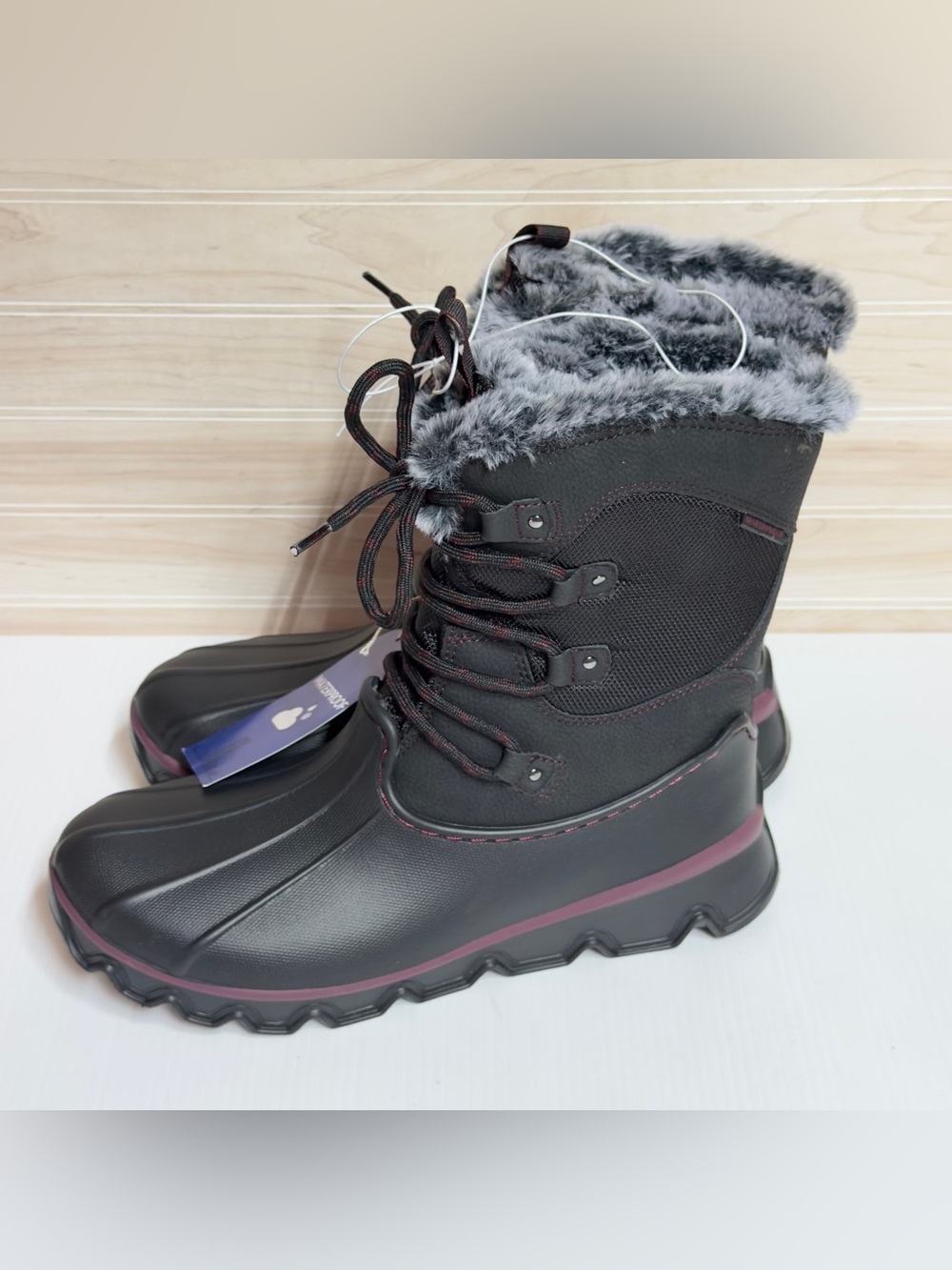 Jambu Women's Black Winter Lace-Up Faux-Fur Trim Boots with Plum Accent